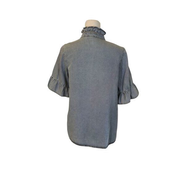 Mazik Denim Snap Front Top Women Size Small Gray Ruffle Casual Preppy Feminine - Picture 2 of 7
